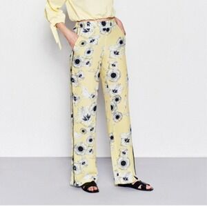ZARA Yellow Floral Print Wide Leg Trousers w/ Contrast Piping Elastic Waist M